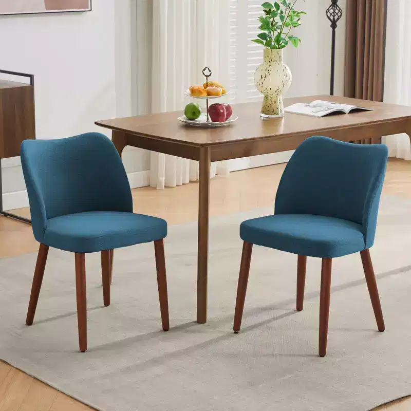 Set of 6 Wing Back Dining Chairs, Linen Upholstered High Back with Wood Legs