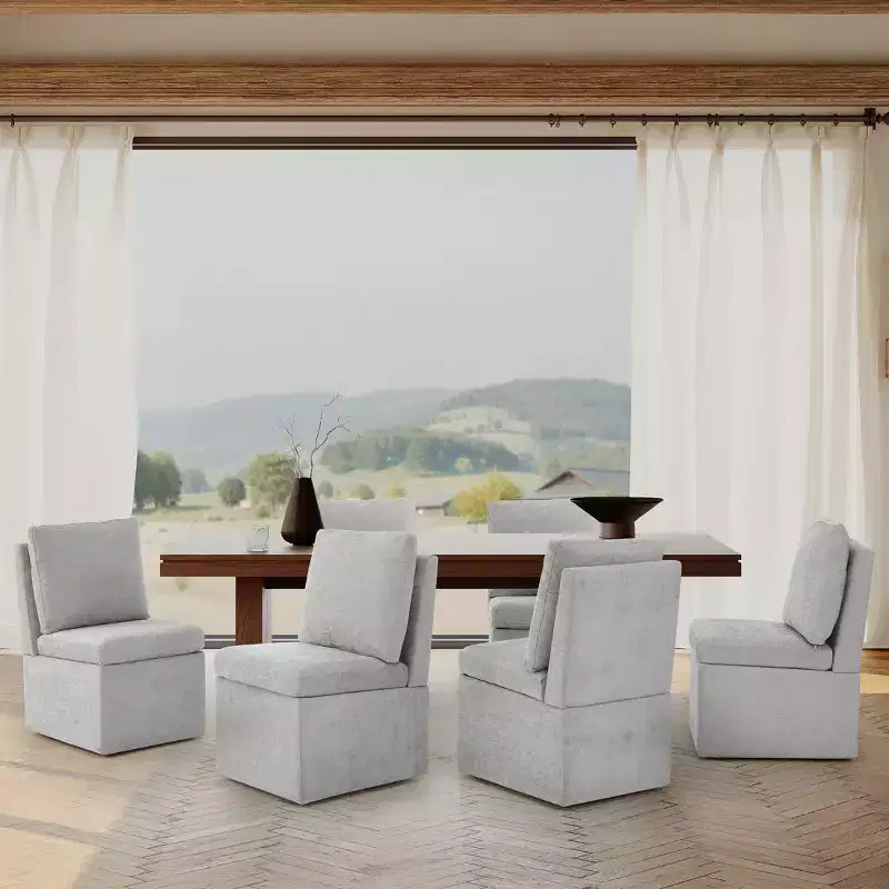 Modern Upholstered Chenille Armless Dining Chairs With Casters (Set of 6), Light Gray