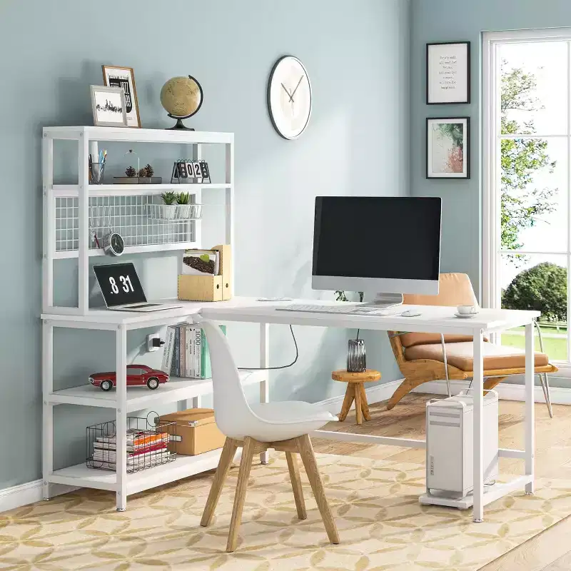 Lantine L-Shaped Computer Desk, 55 Inch Reversible Office Desk with Wireless Charging and Bookshelf for Home Office, White