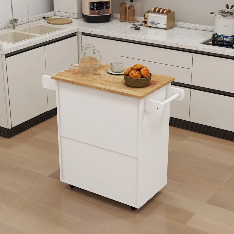 White Rubber Wood Kitchen Cart with Adjustable Shelves, Towel Rack
