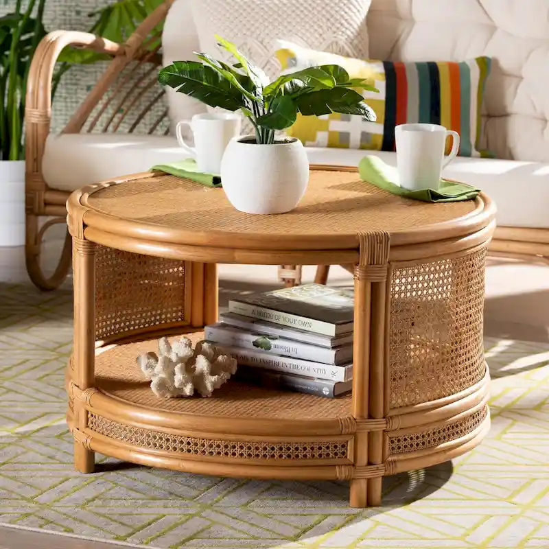 Modern Bohemian Natural Brown Rattan Coffee Table