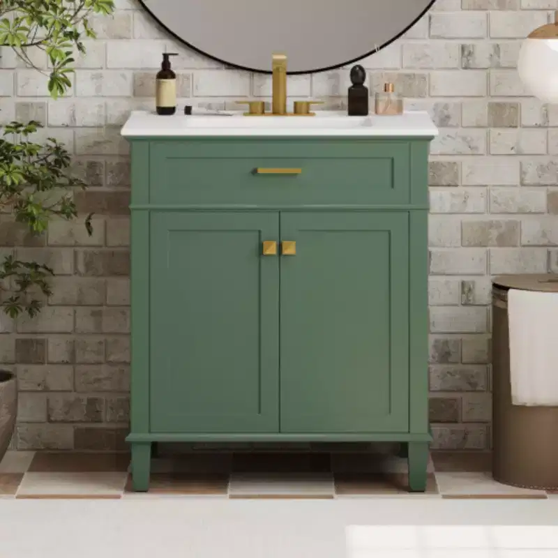 30-Inch Bathroom Storage Cabinet with Ceramic Basin, Soft Door Closure, and Adjustable Shelf