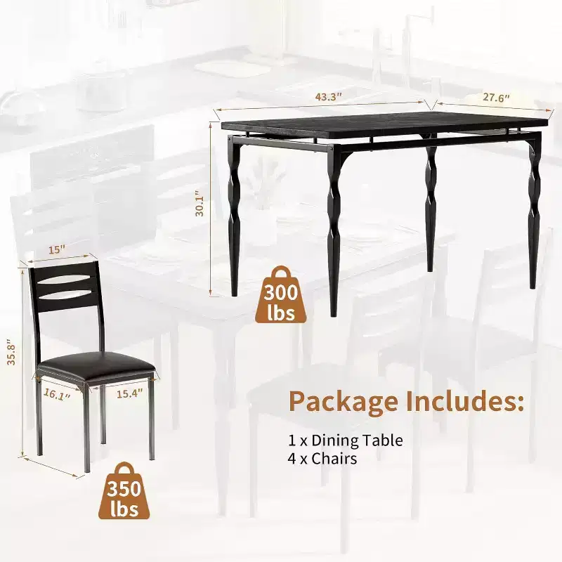 Modern Industrial Dining Set, 5 Piece Table & 4 Chair Combo, Space-Saving Kitchen Table with Metal Legs for Homes & Apartments