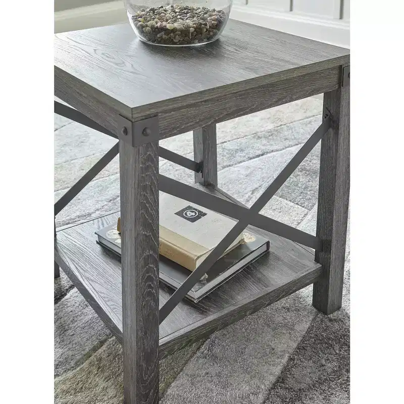 Modern Farmhouse Square End Table with Crossbuck Accents – Grayish Brown