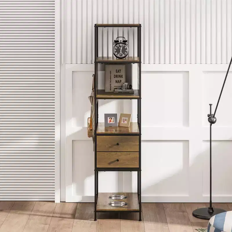 Industrial Bookshelf, Standing Display Shelf with 2 Dog Bowls, Metal and Wood Bookshelf, Dog Feeder Station with Shelves, Brown