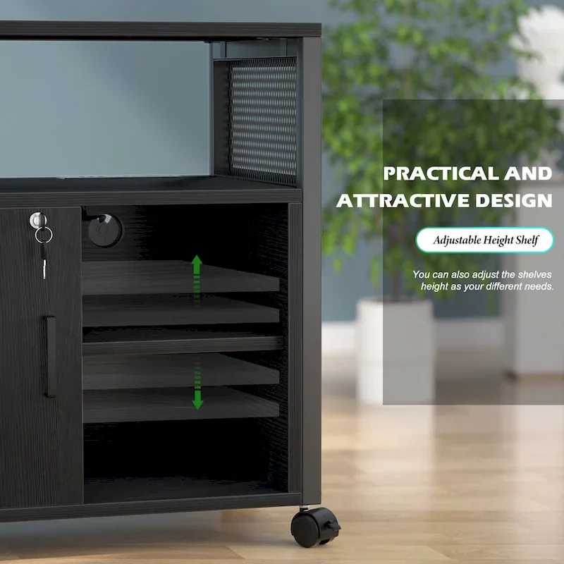 Rolling File Cabinet Lateral Office Filing Cabinets with Charging Station,Modern Printer Stand on Wheels