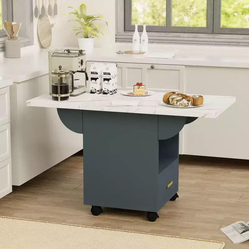 Folding Kitchen Island Table, Marble Texture, with Wheels, Storage Drawer and Rack