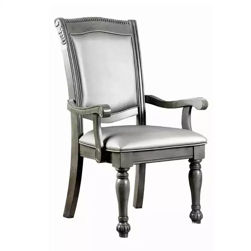 Set of 2 Hampton Style Wooden Arm Chairs with Leatherette Cushions, Gray