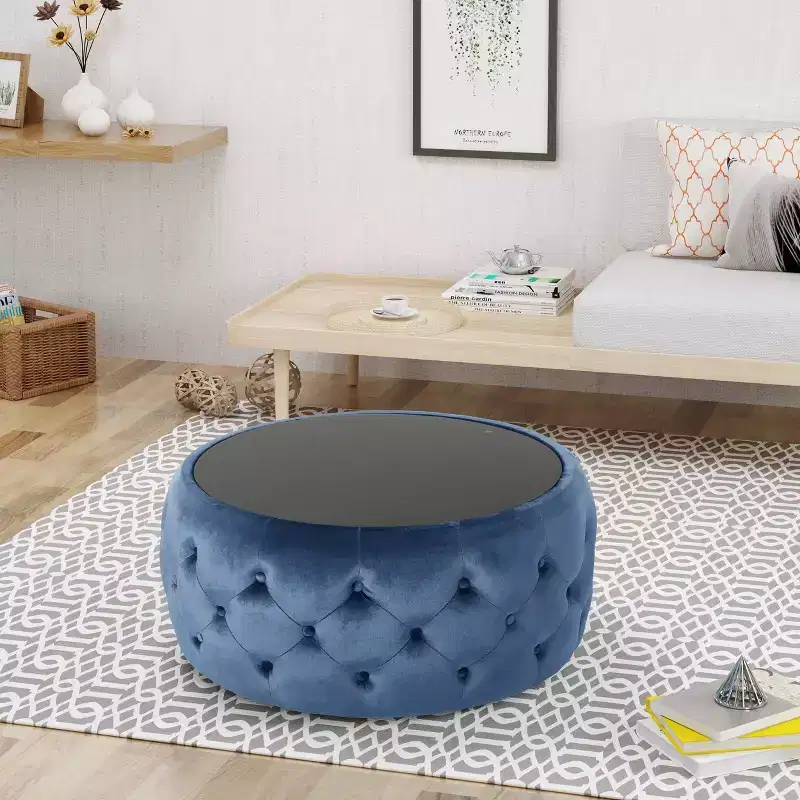 Chana Glam Coffee Table Ottoman Blue - Christopher Knight Home: Velvet, Tempered Glass, Luxury Living Room Furniture