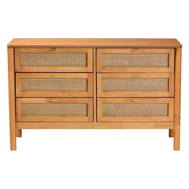 Baxton Studio Jenn Wood 6 Drawer Dresser with Distressed Finished Rattan Golden Brown/Distressed Rattan