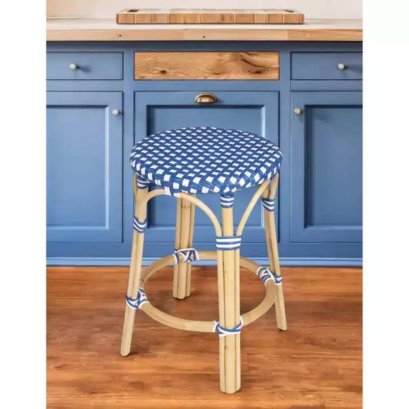 HomeRoots 24 Blue and White and Wood Brown Heavy Duty Rattan Backless Counter Height Bar Chair