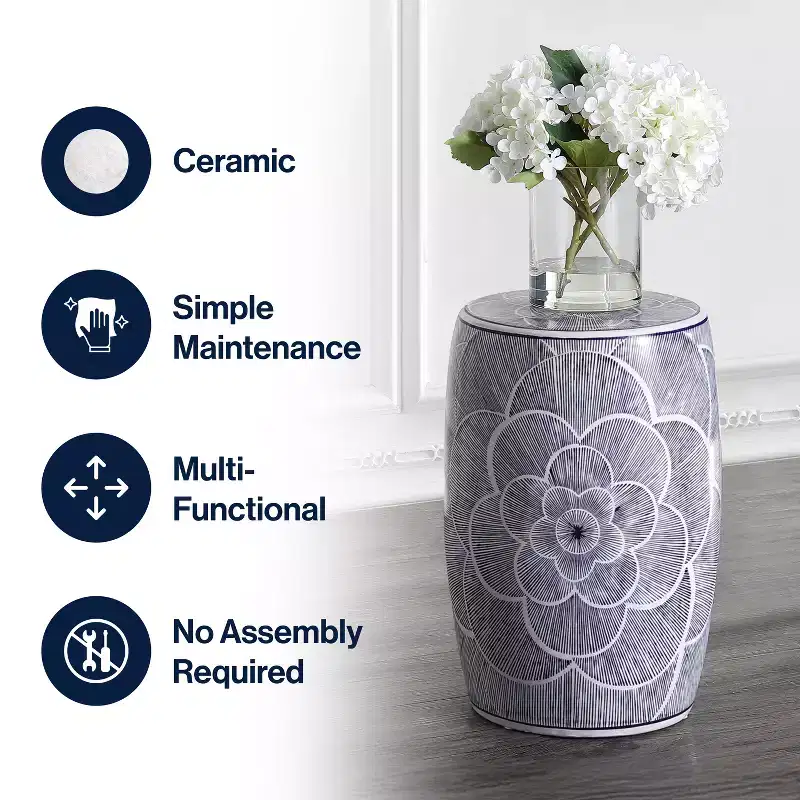 JONATHAN Y Camellia 17 Ceramic Drum Garden Stool/Accent Table, Blue