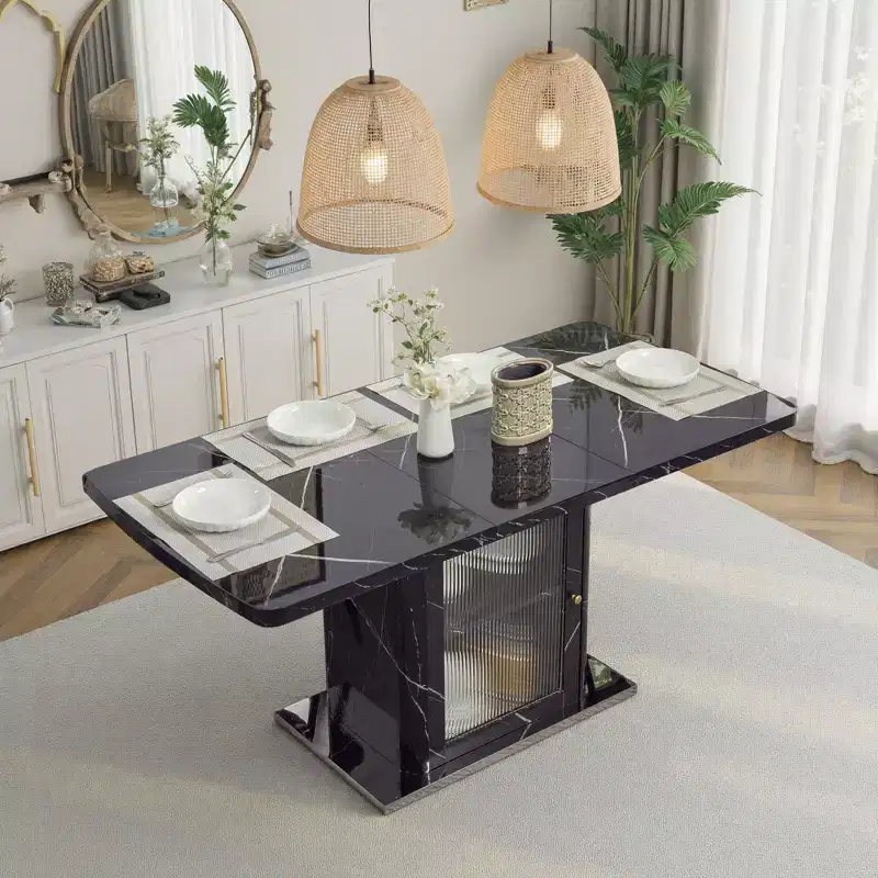 47.24-63Modern Rectangle Dining Table, Stretchable, with Printed White Marble Table Top+Storage Cabinet Table Leg with Metal Base