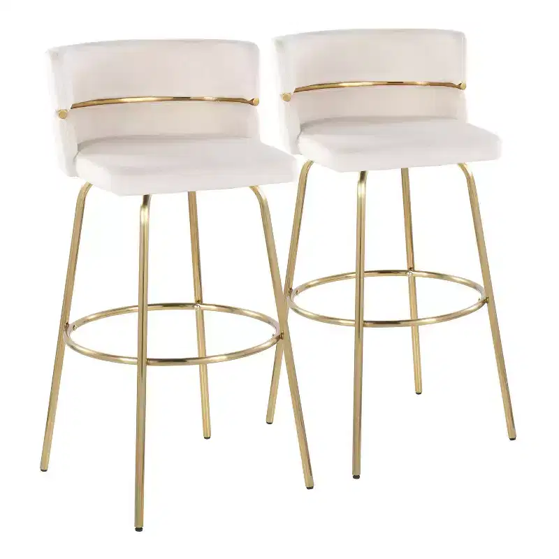 Set of 2 Swivel Barstools Gold/Cream | Velvet Upholstery, Metal Base