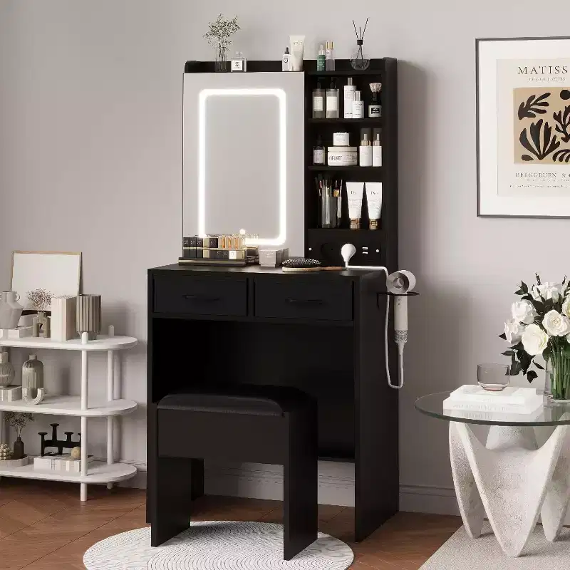 Small Vanity Desk with Mirror and Lights, Makeup Vanity Table with 2 Drawers & Open Shelves & Stool, Dressing Table for Bedroom