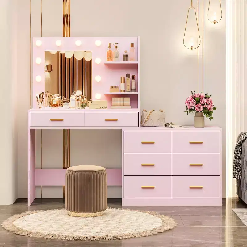 GustoWave 61 Make up Vanity Desk with Mirror and Lights, Pink Vanity with 8 Wide Storage Drawers, 3 Lighting Modes with Adjustable Brightness