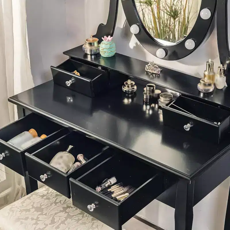 Modern Vanity Table with Mirrors and LED Light,Wooden 2 in 1 Makeup Desk Dressing Table with Chairs,with Drawers ,Storage,for Bedroom