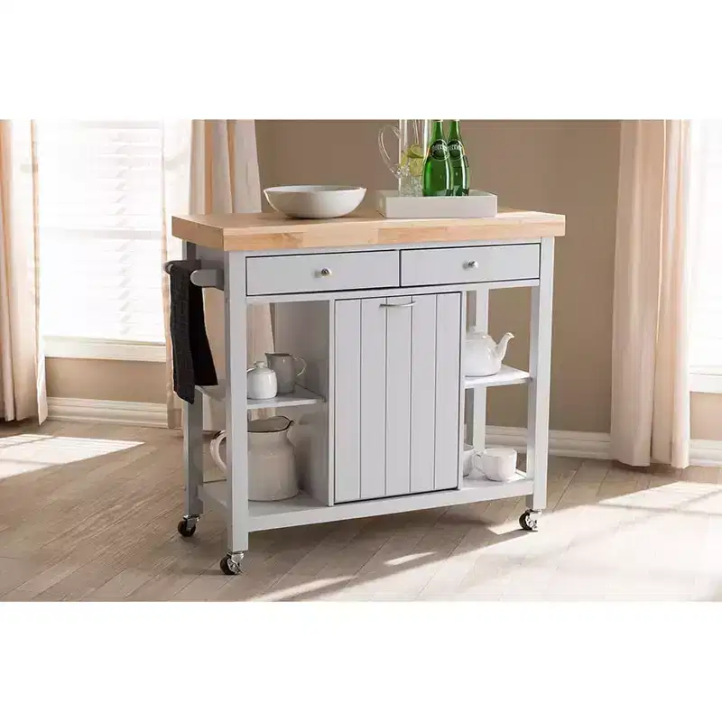 HomeStock 35 in.H Rubberwood Kitchen Carts with 1 Door and 4 Shelves