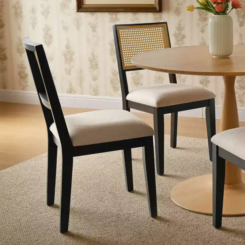 Set of 6 Wood Dining Chairs with Woven Rattan Back and Upholstered Seat, Side Chairs for Kitchen, Dining Room, or Breakfast Nook-Panipeachy
