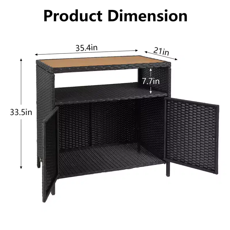 GustoWave Patio Wicker Storage Cabinet, Outdoor Waterproof Buffet Cabinet Patio Bar Table with Two Doors and Shelves, Wicker Sideboard