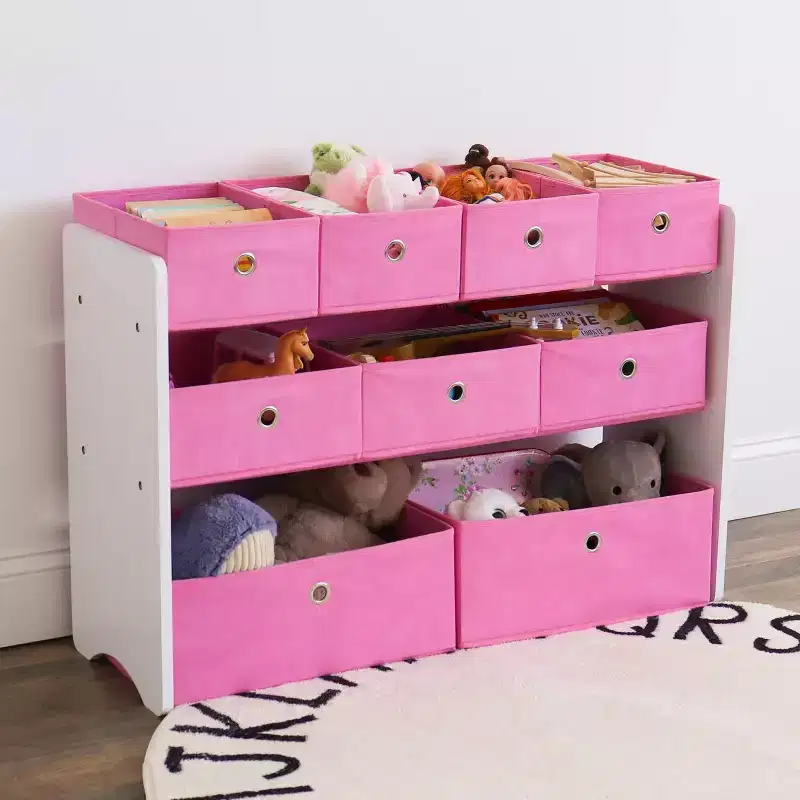 Kids' Toy Storage Organizer with 9 Collapsible Fabric Storage Bins White/pink - Humble Crew: MDF Bookshelf for Toy Organization