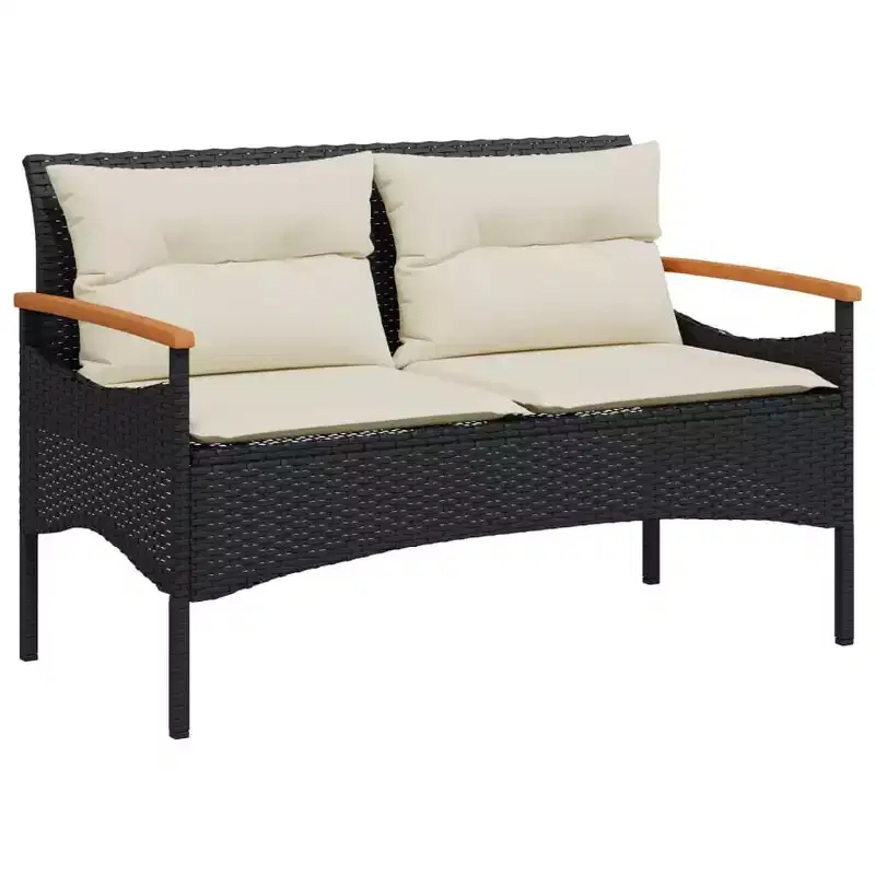 vidaXL Patio Bench with Cushions 45.7x24.6x29.1 Black Poly Rattan - Black