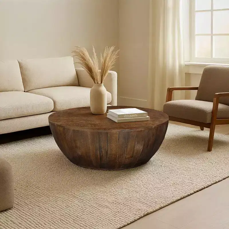 Royal Hampton Coffee Table | 35.5 Round Top | Drum Shaped Sandblasted Walnut Brown Mango Wood