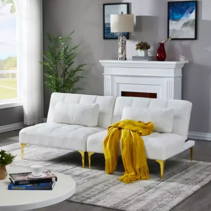 Convertible Sofa Bed Futon with Gold Metal Legs Teddy Fabric