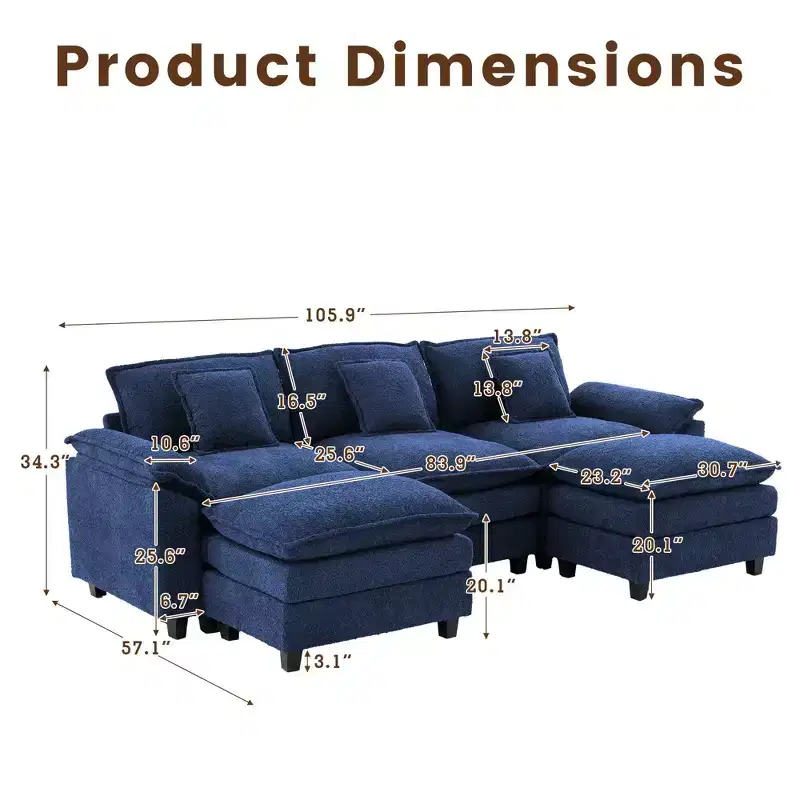 105.9 in. Chenille Fabric 5 seat Sectional Sofa with 2 Ottomans in Dark Blue