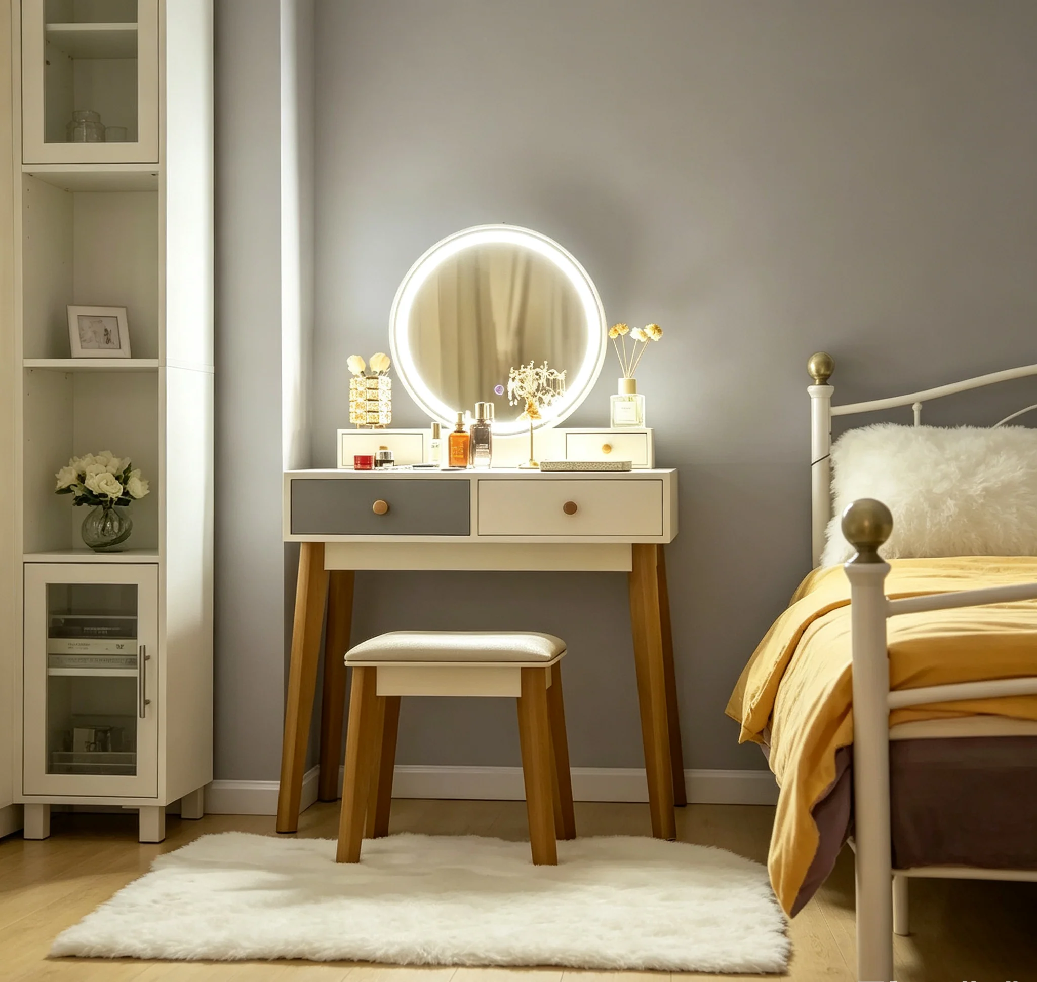 Vanity Table with 3 Color Lighting Modes, MakeUp Stool & Jewelry Storage