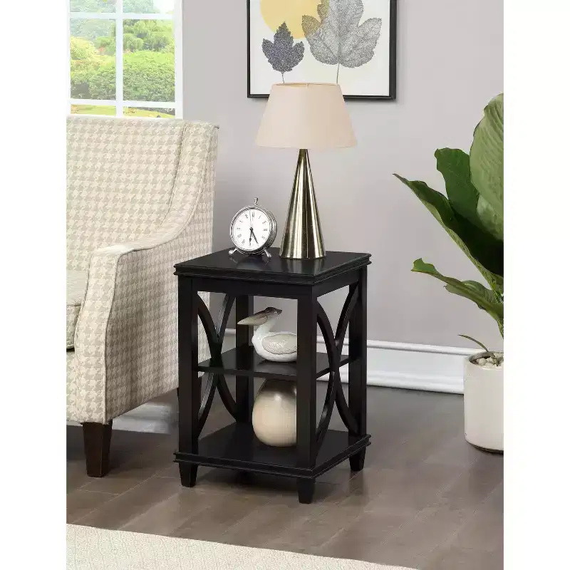HomeStock Belmont End Table with Soft X-Shaped Side Design and Two Tier Shelves, Solid Rubberwood with Oak Veneer for Living Room Storage