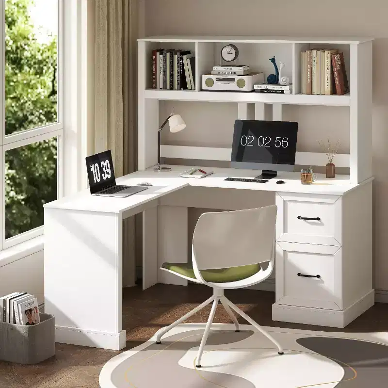 Zevemomo 60 L Shaped Desk with Hutch and Drawers, Corner Computer Desk with Open Storage Shelves,for Home Office or Bedroom, Modern white