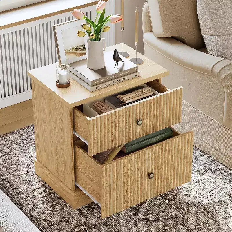 Nightstand, End Table  Fluted 2-Drawer Bedside Cabinet, Mid Century Modern Wood Storage for Bedroom, Living Room, Light Oak