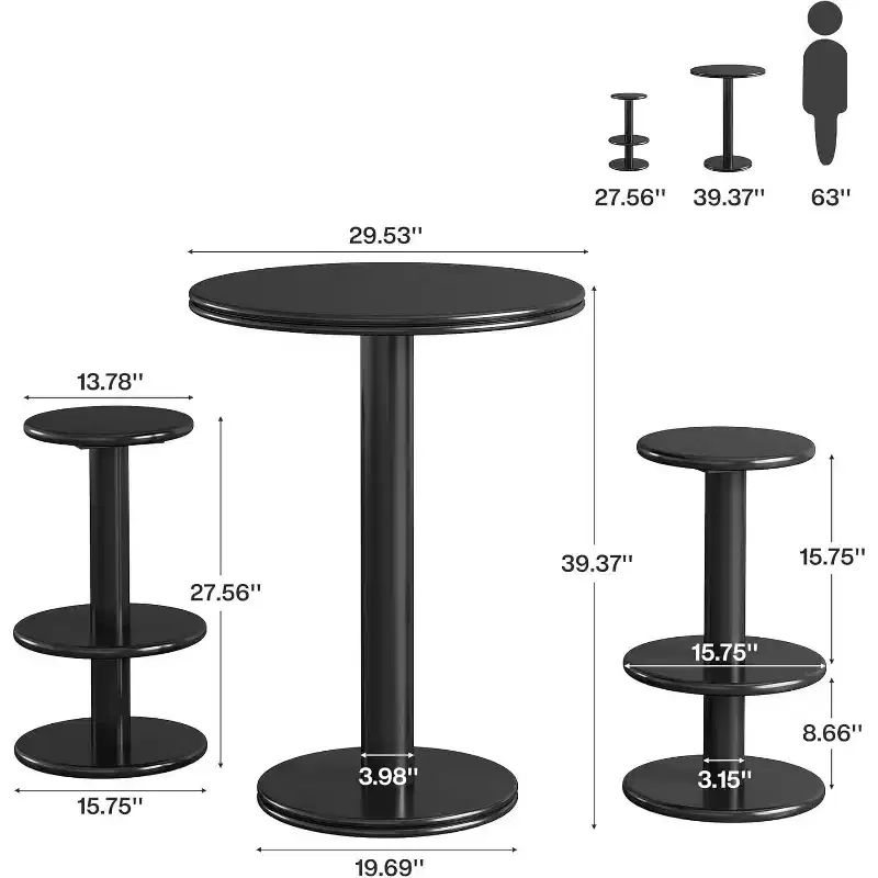 Black Round Bar Table Set, 3-Piece, Seats 4