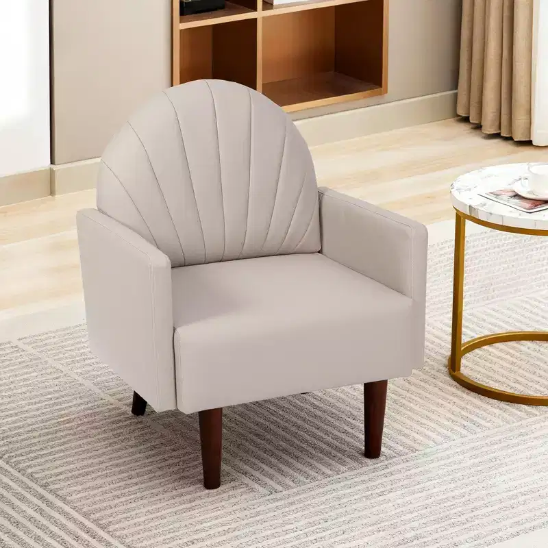 Shell Shaped Armchair, PU Leather Upholstered Lounge Chair with Solid Wood Legs, Enveloping Accent Chair for Living Room, Study, Balcony