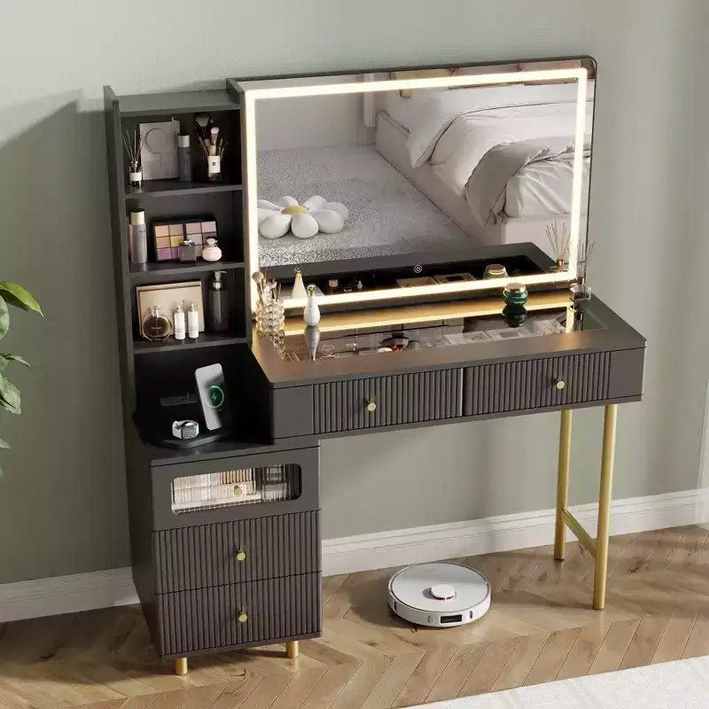 48 Makeup Vanity with Mirror and Lights, Fluted Modern Vanity with Glass top & Storage Cabinet