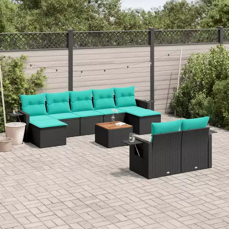 vidaXL 10 Piece Garden Sofa Set with Cushions Black Poly Rattan