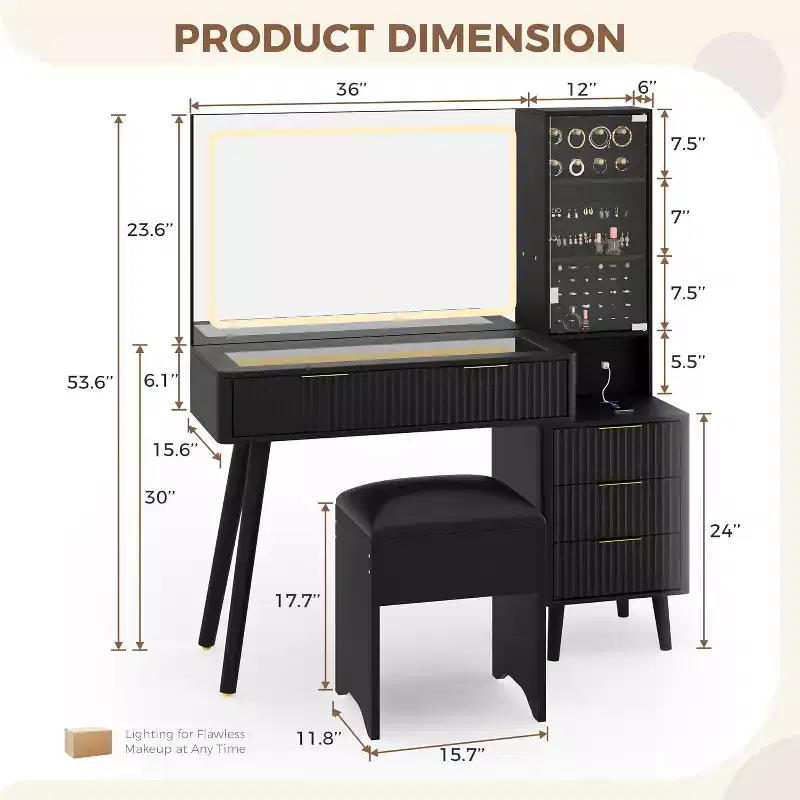 48 Fluted Makeup Vanity Desk with Large Mirror and Lights, Modern Makeup Vanity with Charging Station and Cushioned Storage Stool for Home
