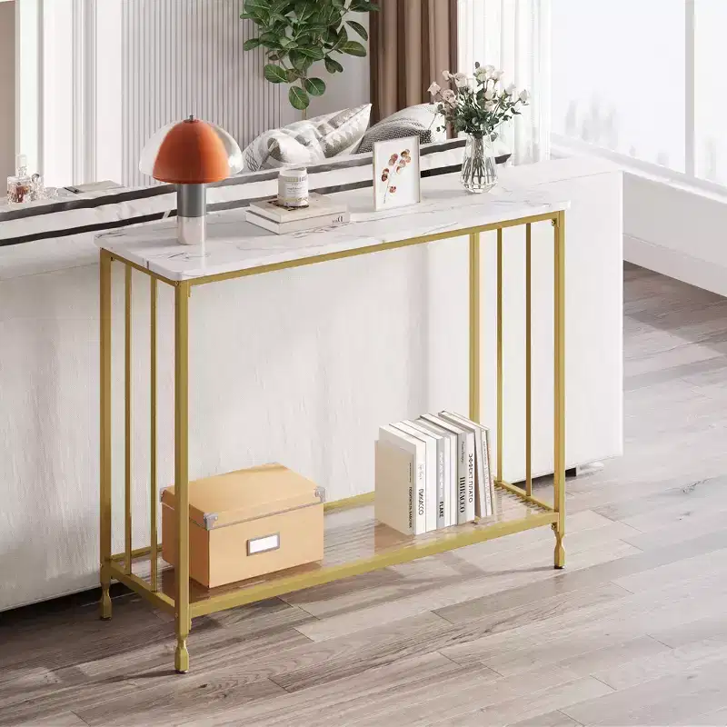 33.5in Wide Console Table, Narrow Entryway Table, Narrow Console Table, Behind Couch Table, End Table with Glass Shelf and Metal Frame