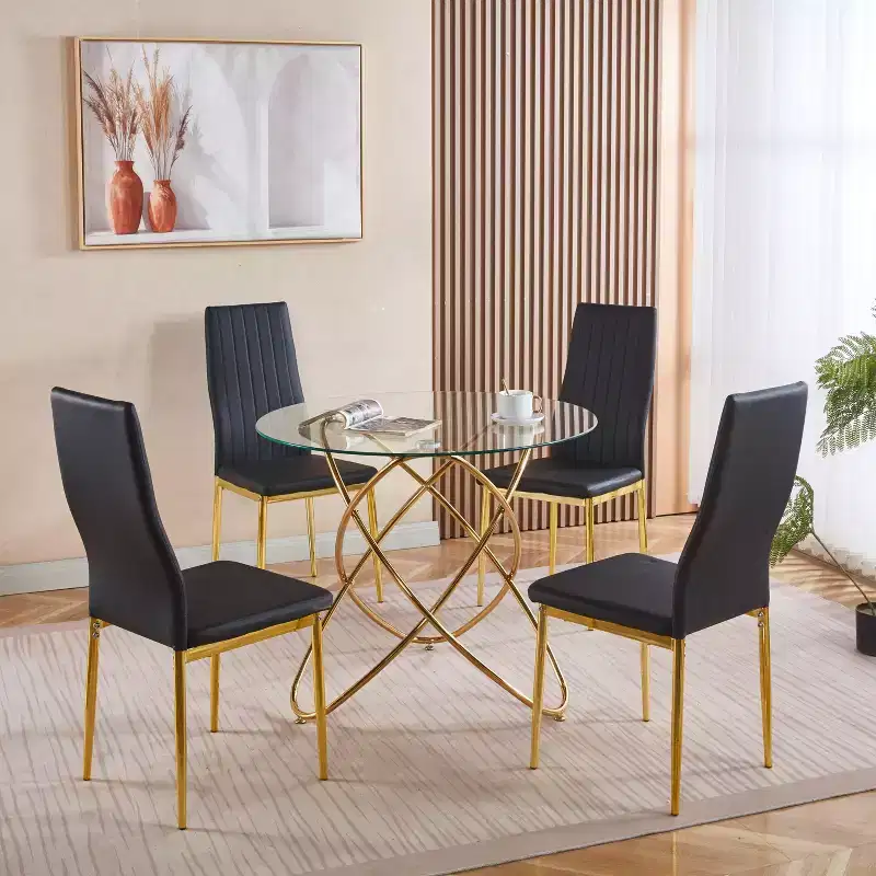 5-Piece Dining Set with Glass Table Top and Metal Legs, Mid-Century Design for 4-6 People