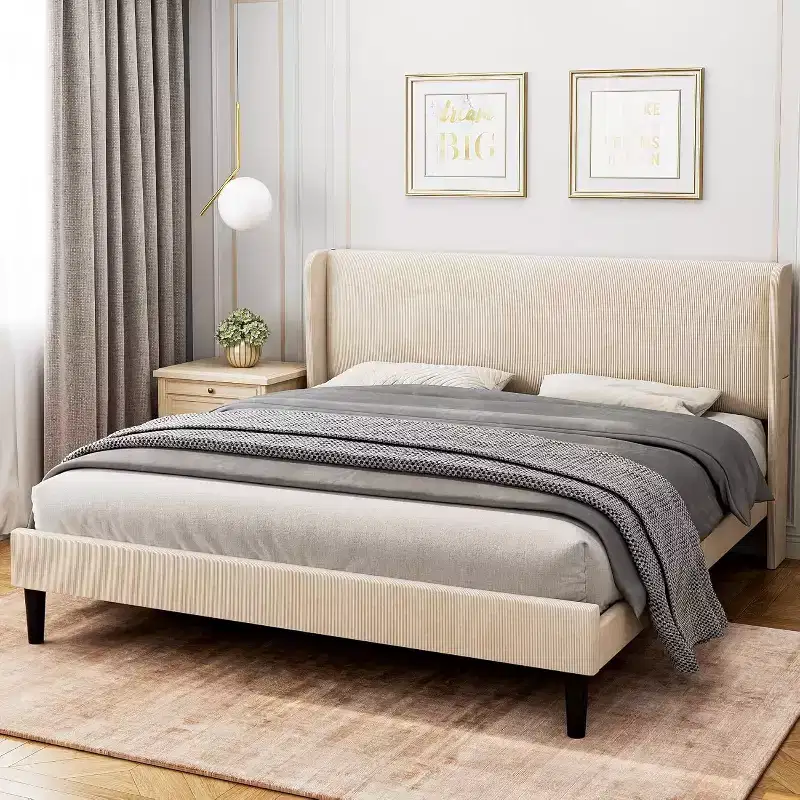 Bed Frame with Headboard and Wingback, Beige Velvet with Vertical Stripes, 2 Storage Pockets, and Sturdy Wood Slat Support