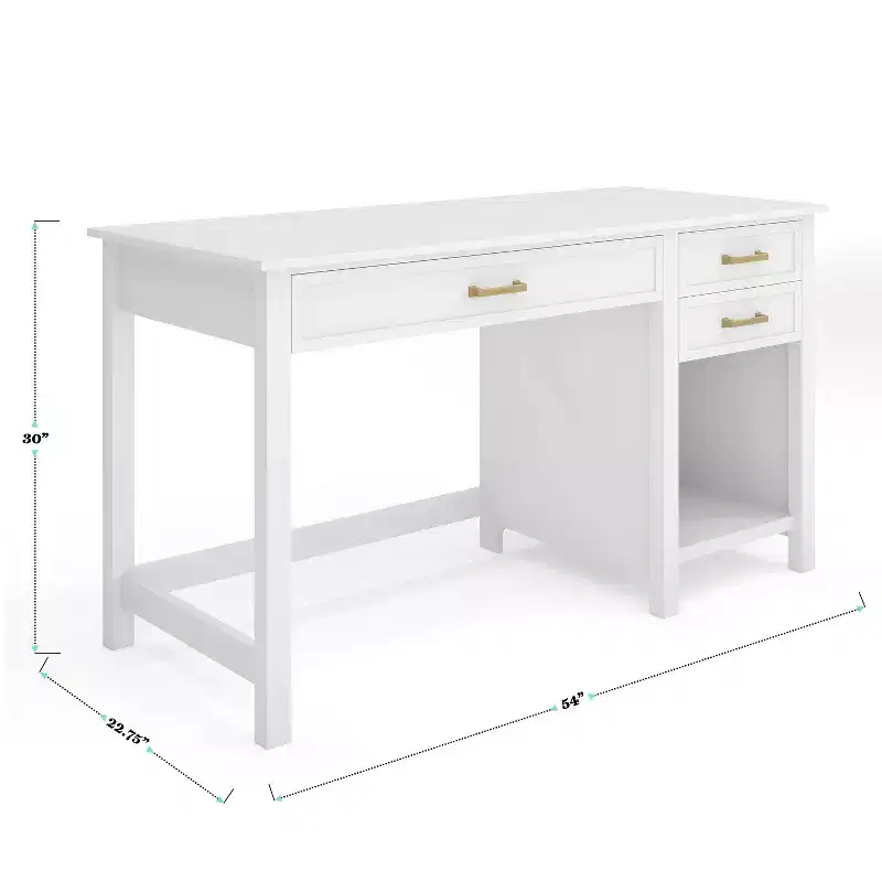 Martha Stewart Hutton Shaker Style Home Office Desk with 2 Side Drawers in White with Polished Brass Hardware
