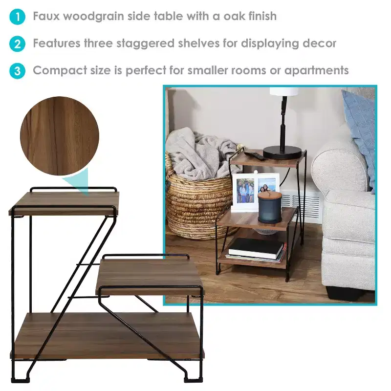 Sunnydaze 3-Tiered Steel Wire Indoor Accent Table with Faux Woodgrain Tabletops - 21 H - Brown