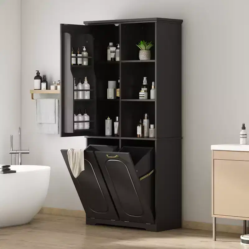 68 Freestanding Tall Bathroom Storage Cabinet with 2 Tilt-Out Laundry Hampers, Adjustable Shelves, Soft-Close Door Cabinet - ModernLuxe