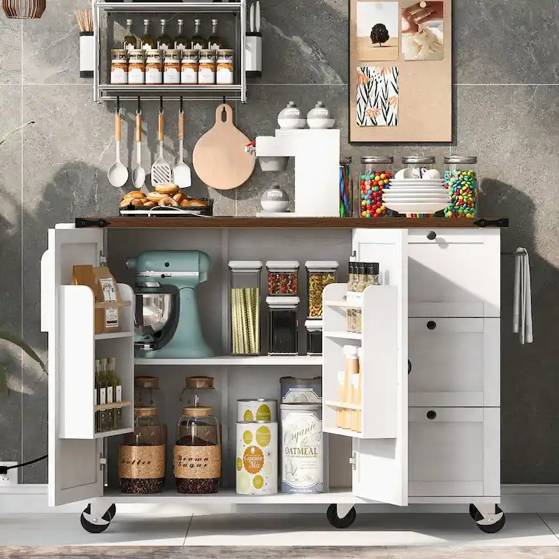 54.5 farmhouse kitchen island with electrical outlets, rolling kitchen cart with wheels