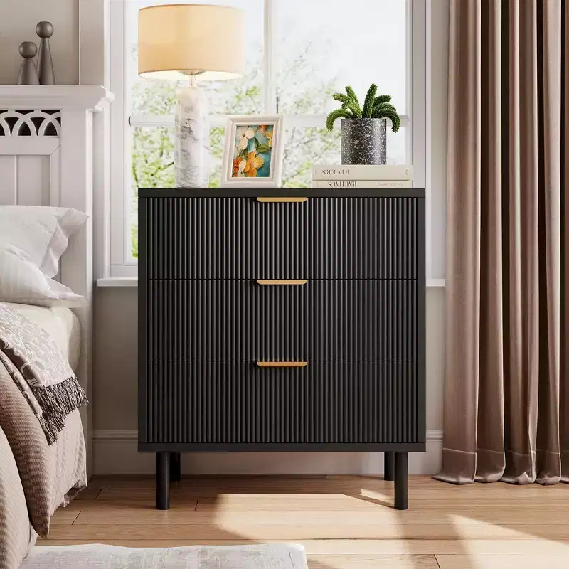 3-Drawer Fluted Nightstand with Metal Legs, Compact Bedside Table for Bedroom and Living Room