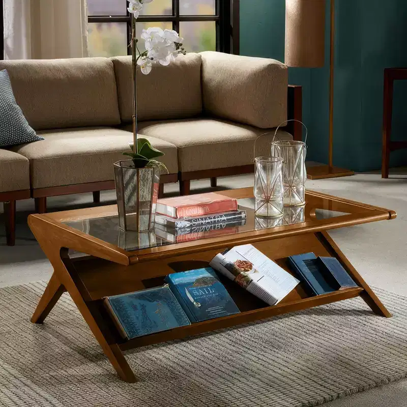 Rocket Coffee Table with Tempered Glass Pecan