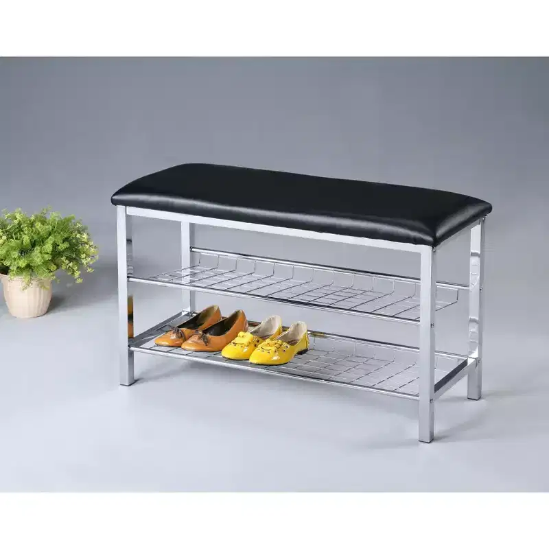 Metal Shoe Bench with Faux Leather Seat, Chrome and Black