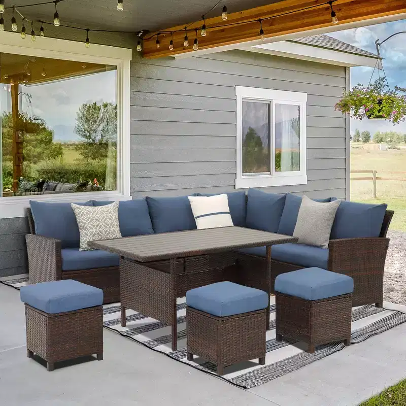 Heynemo 7 Pcs Outdoor Conversation Set All Weather Wicker Sectional Sofa Set Dining Table Chair and Ottoman,Steel Frame