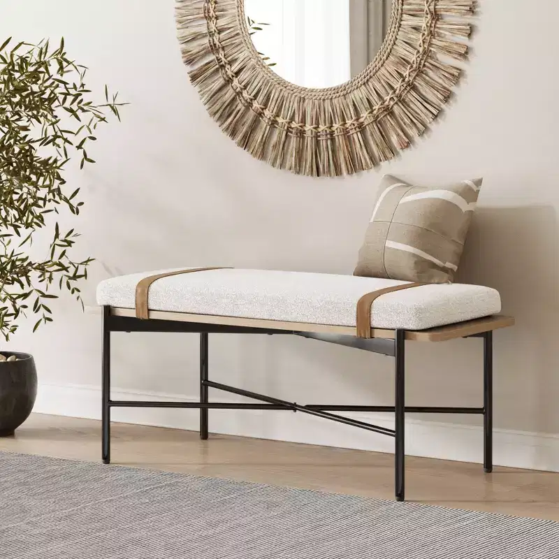 Thatcher Boucle Wood and Metal Removable Cushion Bench: Curved Edge, Vegan Leather Straps, Zipper Design, Easy Clean
